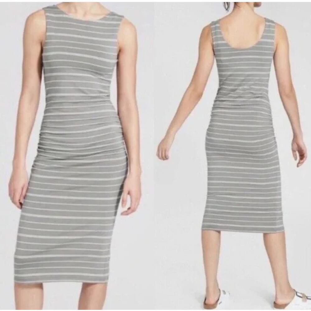 NWT Athleta Comeback Tank Midi‎ Dress Ruched Gray White Stripe Pima Cotton Small